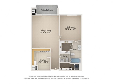 Floor plan for 1 bed, 1.5 baths, 1100 sqft